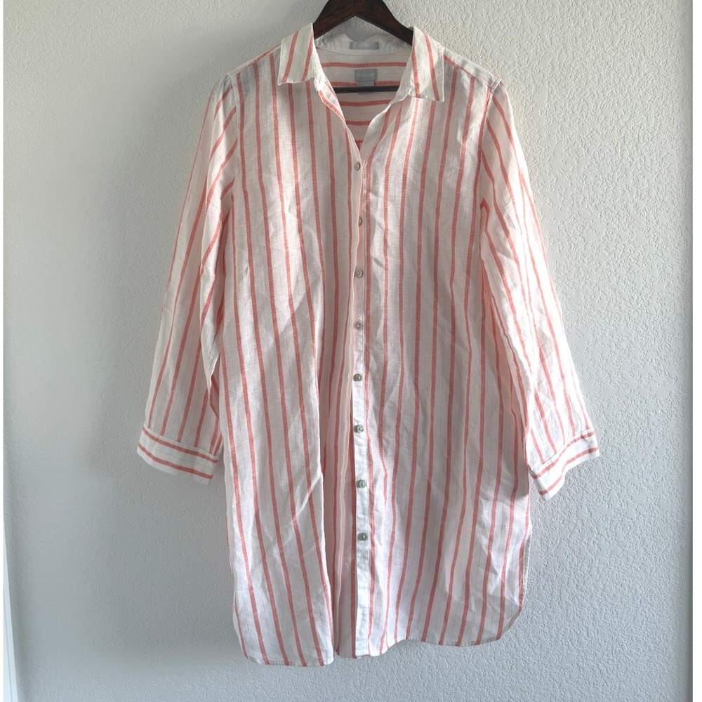 Chico's Coastal Linen Tunic Size Chicos 2 US 12 Coral Orange Striped Metallic